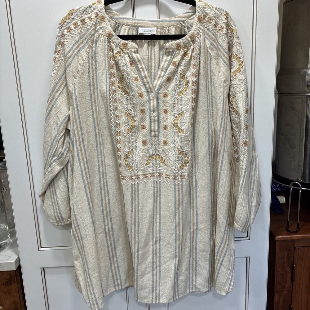 J. Jill Pure Jill Cotton Linen Blend Lagenlook Boho Top Size 2X Embroidered